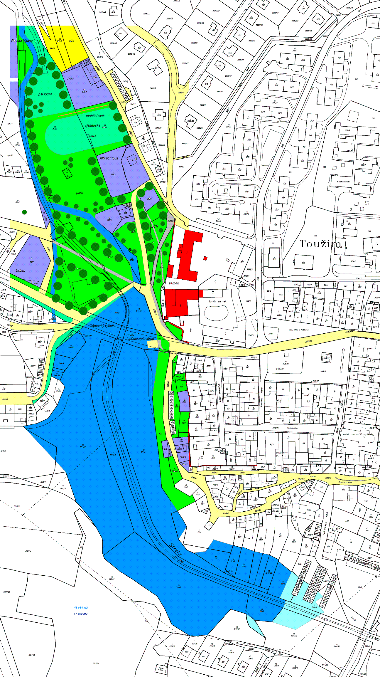 Toužim, mapa KN MPZ rybník+park.min